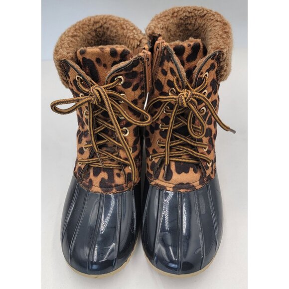 Nature Breeze Duck Boots Leopard Print Waterproof Faux Fur Rubber Sole Womens 8 - Picture 2 of 10